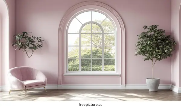 Pink Room Interior with Large Arch Window
