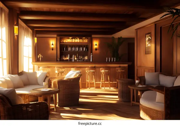 Modern Bar Interior Design with Wooden Bar Counter and Wicker Furniture