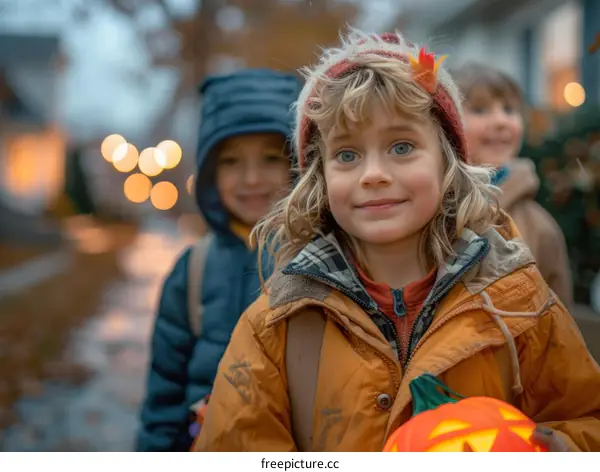 Three children wearing Halloween costumes