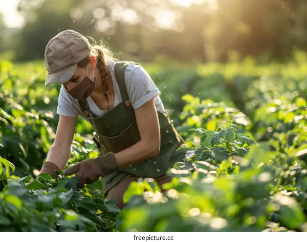A woman wearing a mask is working in a potato field