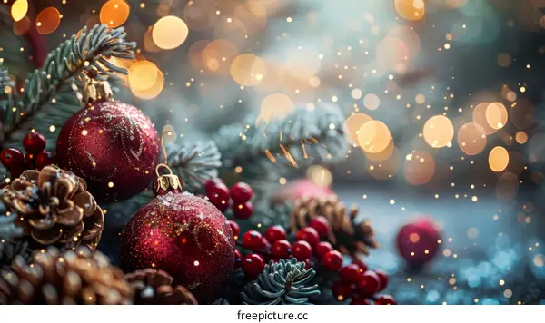 Christmas decoration with red and gold ornaments, pine cones and berries