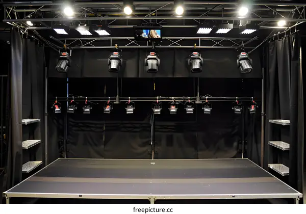 Black Stage Set with Lighting Equipment