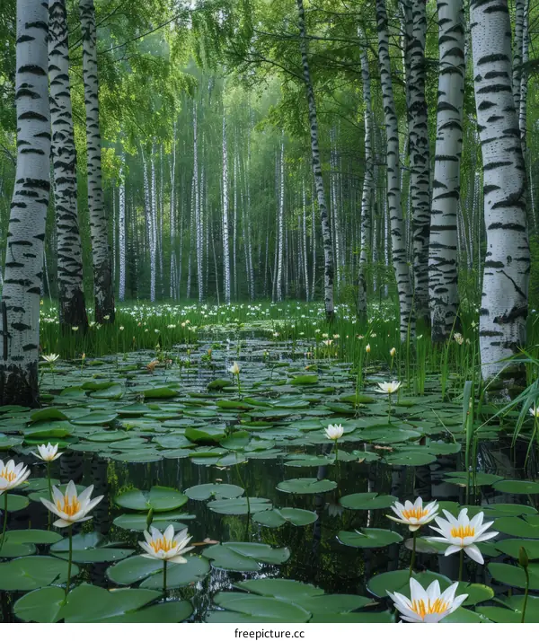 Enchanted Birch Forest with Lotus Pond