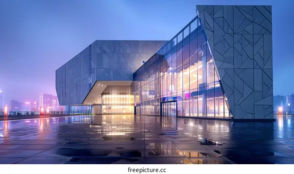 A modern glass and steel office building with a geometric pattern on the facade