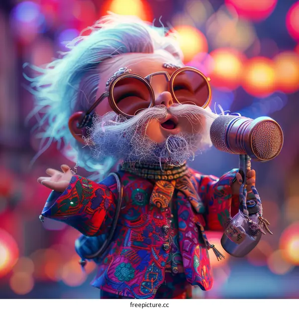 Cartoon Man with Microphone and White Hair Singing