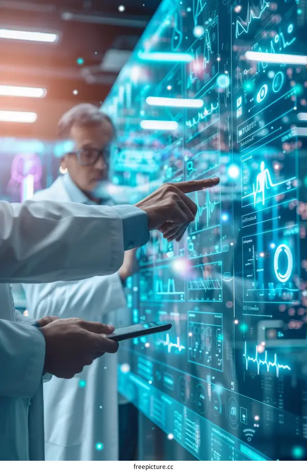 Two scientists in lab coats are working on a project using a futuristic computer interface.