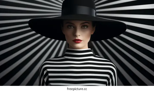 Black and white portrait of a young caucasian woman wearing a black hat and striped shirt