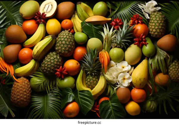 Abundant Tropical Fruit and Flower Still Life