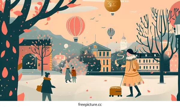 Winter Scene with People and Hot Air Balloons