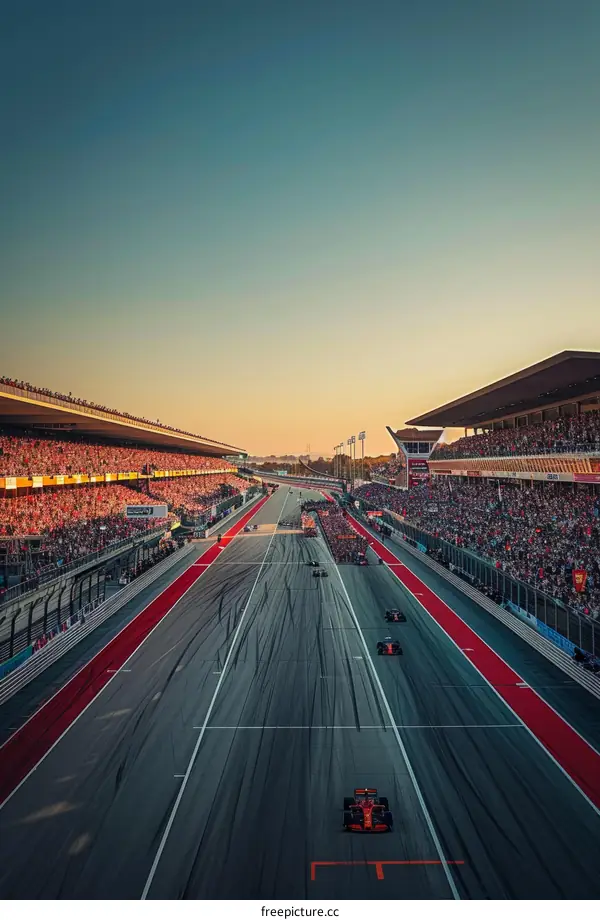 Formula One cars racing on a track with a large crowd in the stands