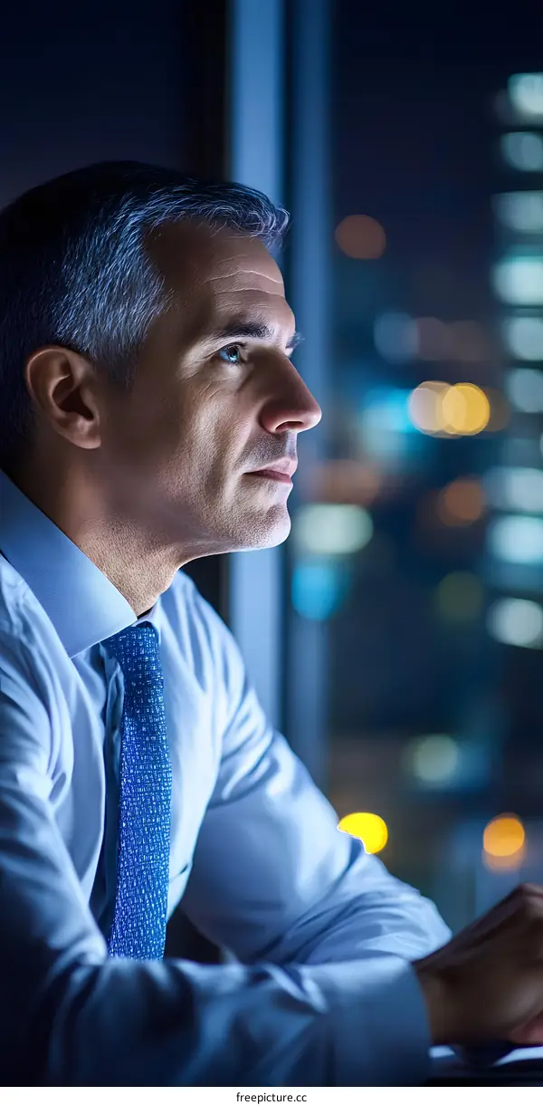Businessman Looking Out Window At Night