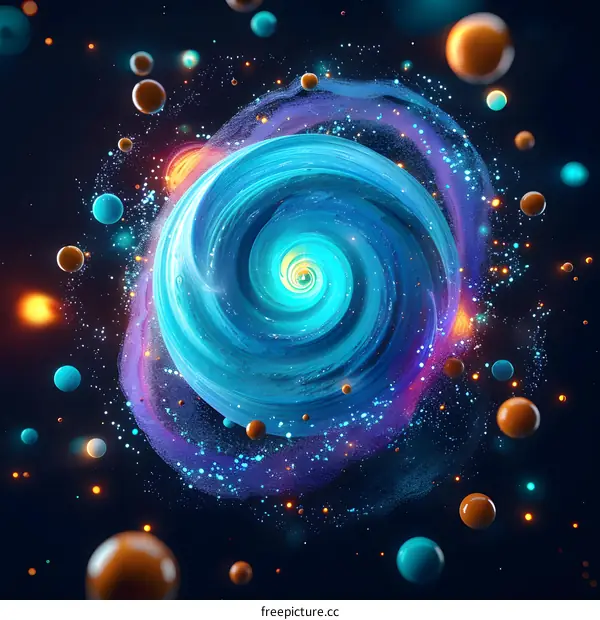 Blue and orange abstract vortex surrounded by stars