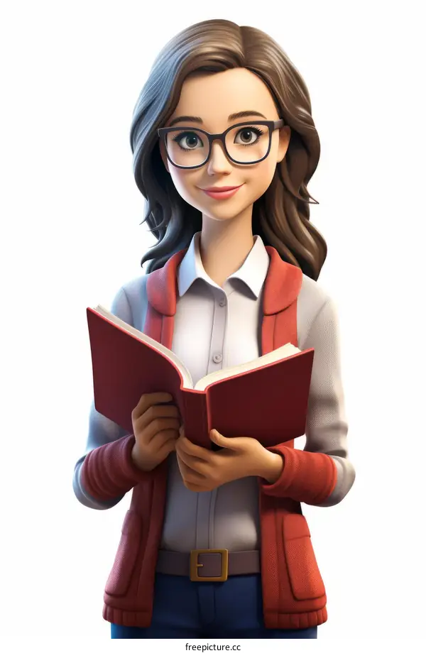 Illustration of a young woman wearing glasses and holding a book