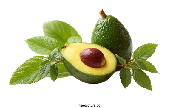 [Transparent Background PNG]Fresh Avocado with Green Leaves
