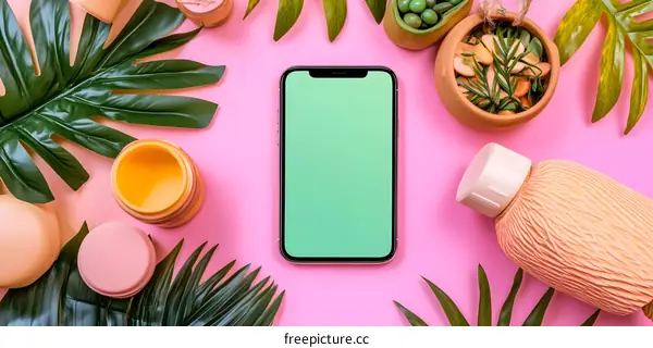 Tropical Summer Phone Mockup on Pink Background