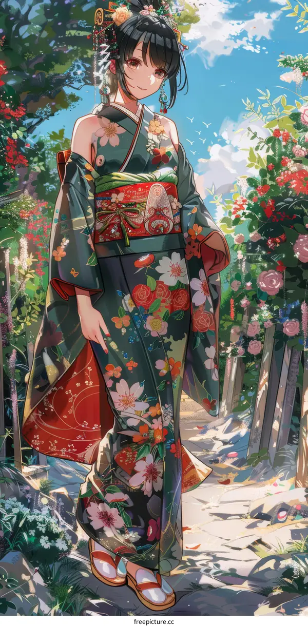 Japanese Woman Wearing Kimono in Garden with Flowers