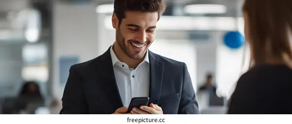 Smiling Businessman Using Smartphone in Office