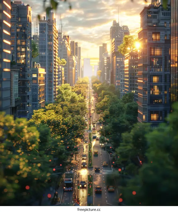 City Street at Sunrise Illustration