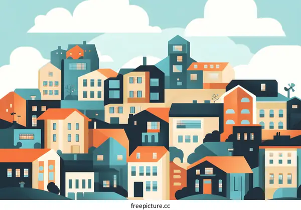 Colorful Geometric Illustration of a Cityscape with Houses and Clouds