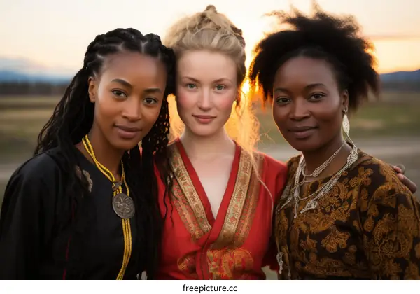 Three Women of Different Ethnicities Standing Together at Sunset