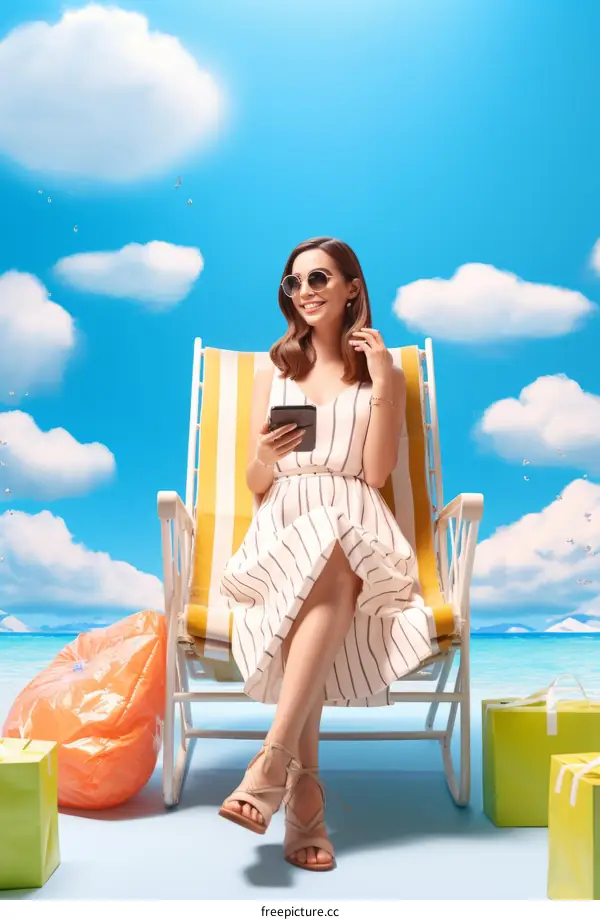 Smiling woman sitting on a beach chair and holding a tablet