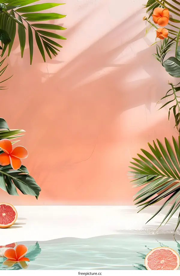 Tropical Summer Background with Palm Leaves and Pink Wall