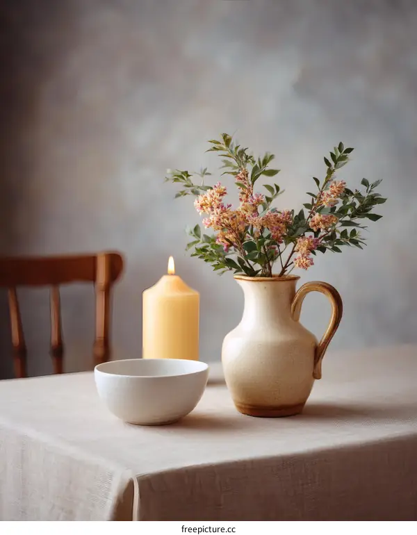 Elegant Table Setting with Flowers and Candle