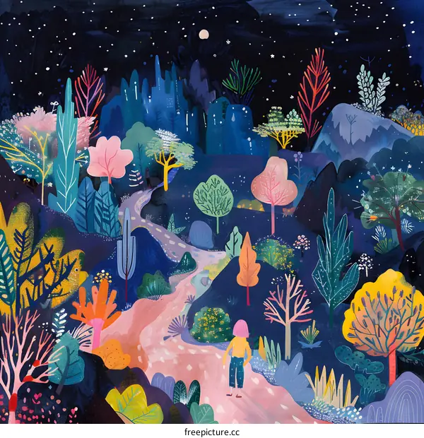 Nighttime Forest with a Single Figure Walking a Path