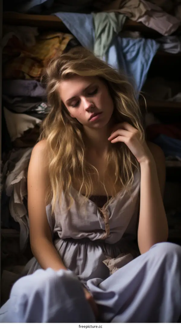 Young woman with blonde hair sitting in a dark place