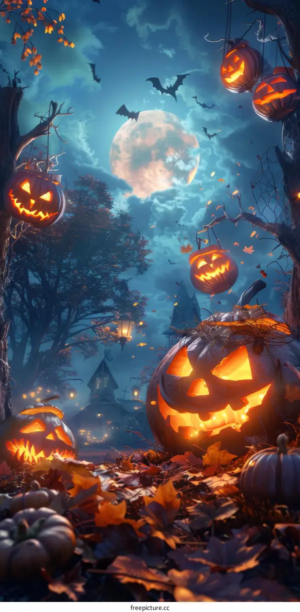 Spooky Halloween Night With Pumpkins and Haunted House
