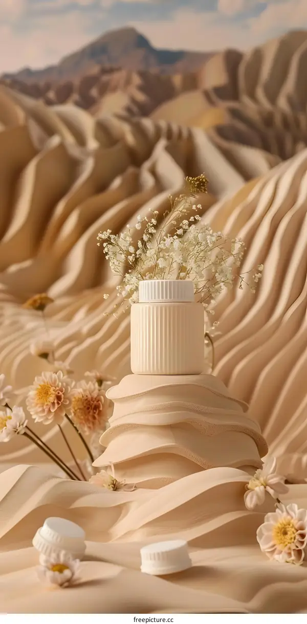 Minimalist White Bottle With Flowers In Desert Landscape