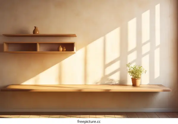 An illustration of a wooden shelf with a plant on it