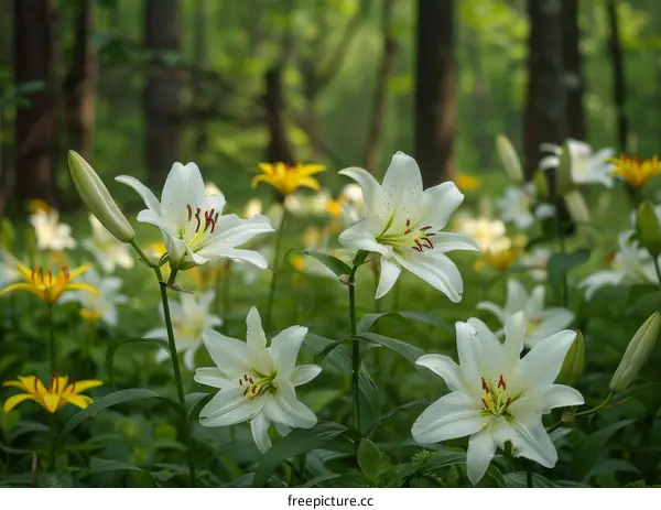White lilies in a forest