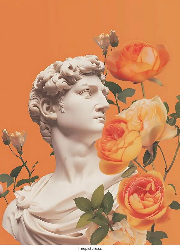 Marble Sculpture with Orange Roses