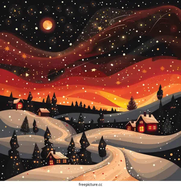 A Snowy Village in the Mountains at Night