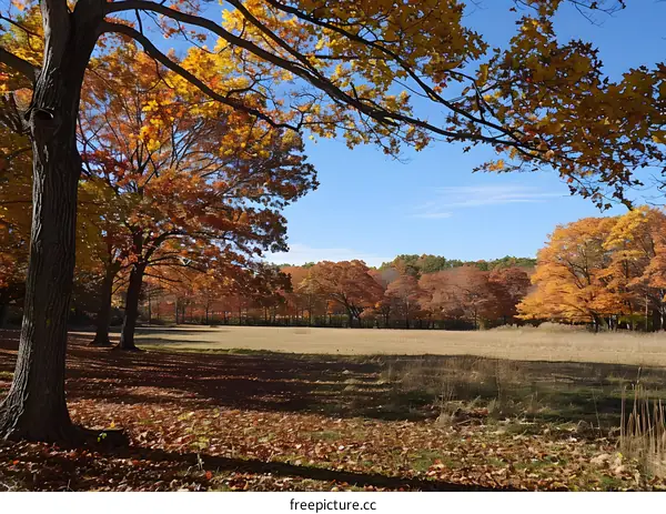 Autumn Landscape with Trees and Golden Leaves