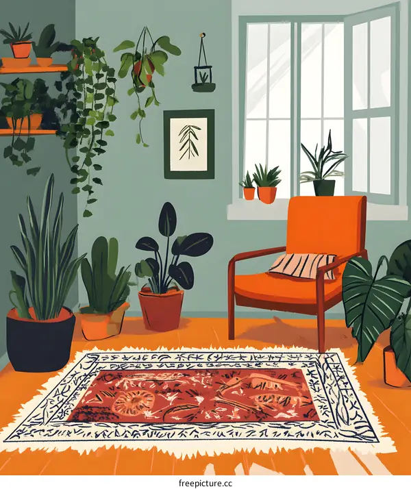 Modern Living Room Interior Design with Plants and Rug