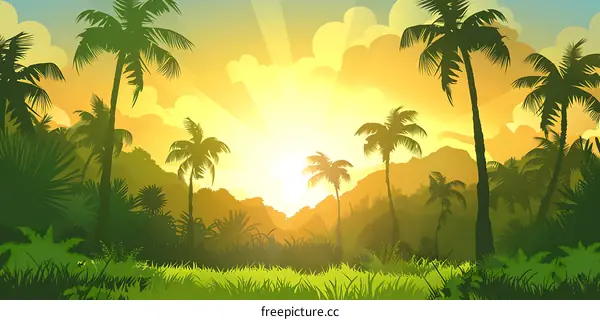 Tropical Sunset Landscape with Palm Trees