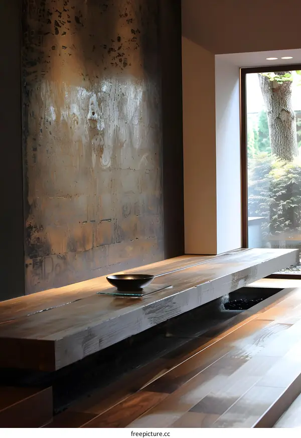 Modern Interior Design with Rustic Wooden Table and Water Feature