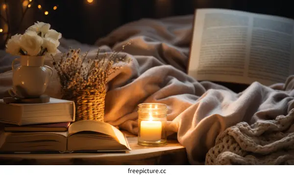 A cozy reading nook with a candle, books, and flowers
