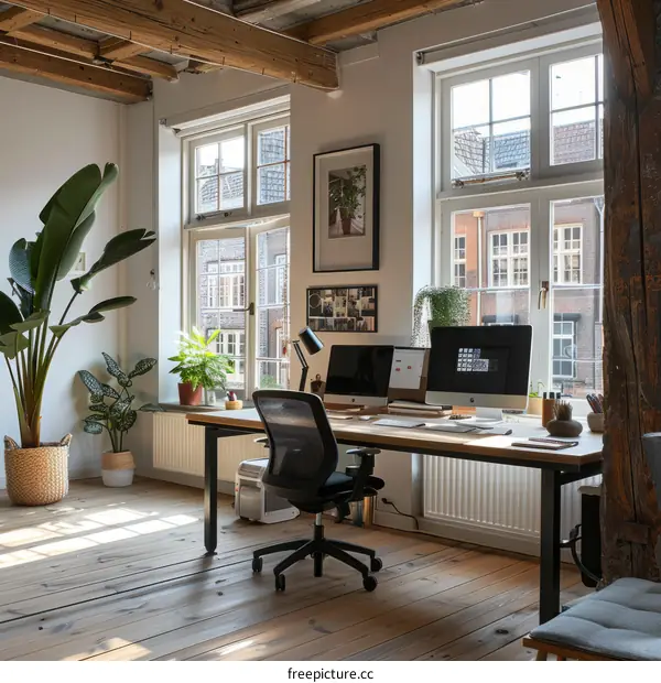 Home office with large windows and a wooden desk