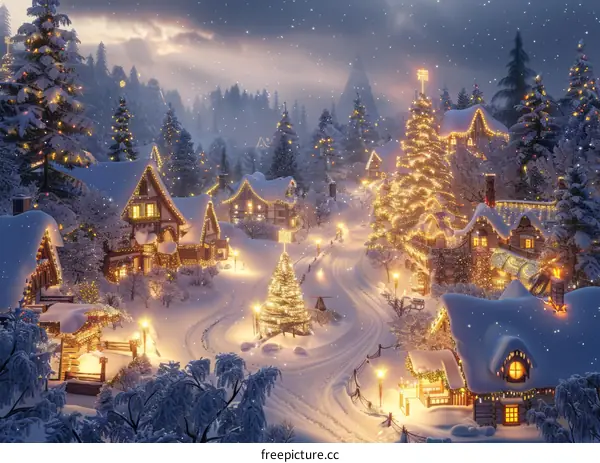 Christmas Village with Snowy Houses and Lights