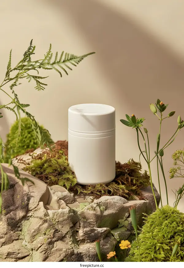 White Container on a Stone With Green Plants