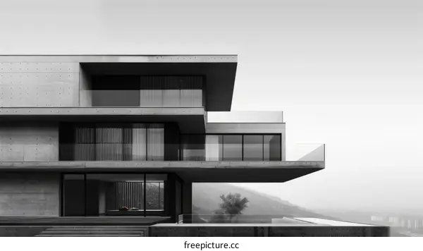 Black and white photo of a modern house with a pool