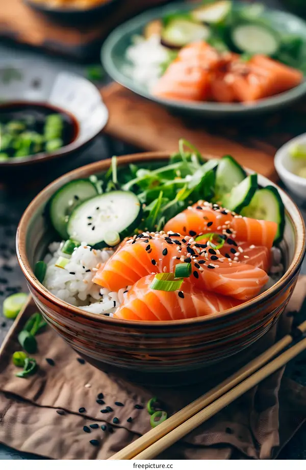 Salmon Poke Bowl with Cucumber, Rice and Sesame Seeds