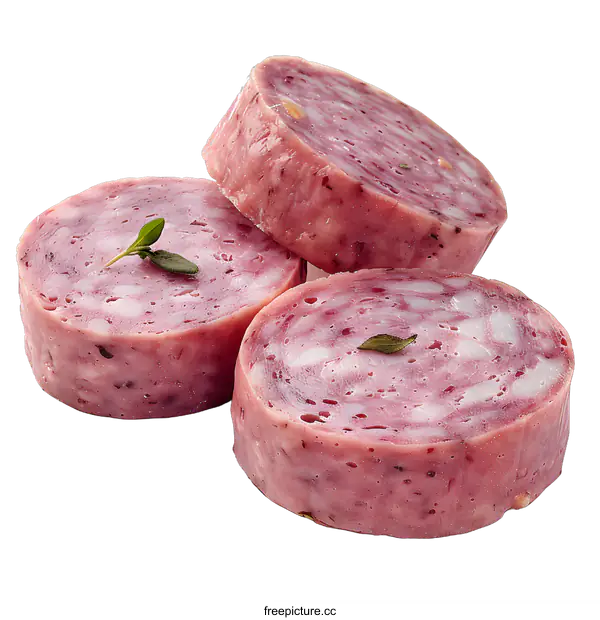 [Transparent Background PNG]Sliced salami with herbs isolated on white