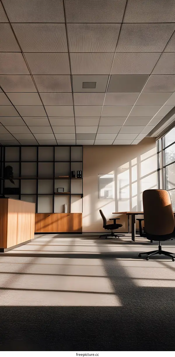 Modern Office Interior with Sunbeams and Minimalist Furniture