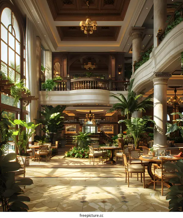 Luxury hotel lobby interior with plants