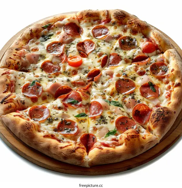 A mouthwatering pizza topped with pepperoni, ham, and cheese