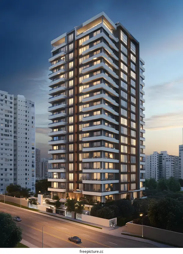 Modern Apartment Building with Illuminated Windows at Dusk